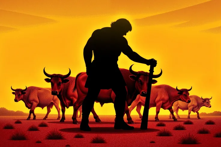 A realistic image depicting Hercules in a bright, golden landscape, herding and driving a herd of red cattle. Hercules is strong and serene, depicted with classical proportions and dressed in minimalist battle-worn attire. His silhouette is illuminated by ...