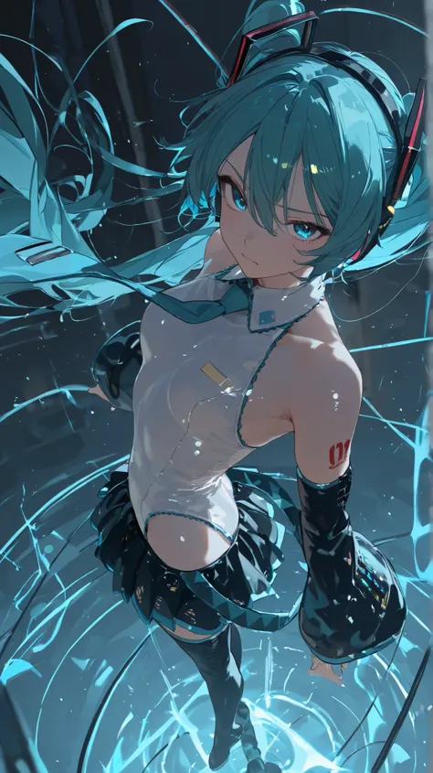masterpiece、top quality、high resolution, hatsune miku ,floating,masterpiece, top quality, so beautiful, high contrast, semi-realistic, Newest,balancing ,Blue Light Particles , Blue Glowing Aura,dynamic pose,fight action,high angle,Shiny Skin,white leotard ...