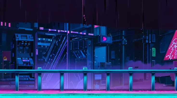 (A 2D side-scrolling hand drawn background that looks like a screenshot from a cyberpunk anime video game). (((90s anime style background))) Cyberpunk cityscape at night, viewed from the side. Ruined futuristic bus in the background. Platforms, pipes, catw...