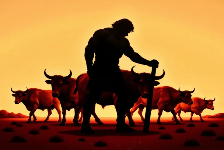 A realistic image depicting Hercules in a bright, golden landscape, herding and driving a herd of red cattle. Hercules is strong and serene, depicted with classical proportions and dressed in minimalist battle-worn attire. His silhouette is illuminated by ...