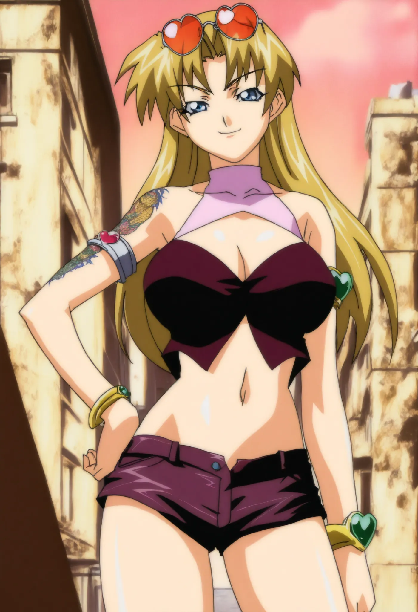 masterpiece,best quality,amazing quality,very aesthetic,high resolution,ultra-detailed,absurdres,newest, Obari Masami style, anime screencap, anime screenshot,  2000s (style),  Shaia, blonde, 1girl, big breasts, blue eyes, sunglasses on head, heart motif, ...