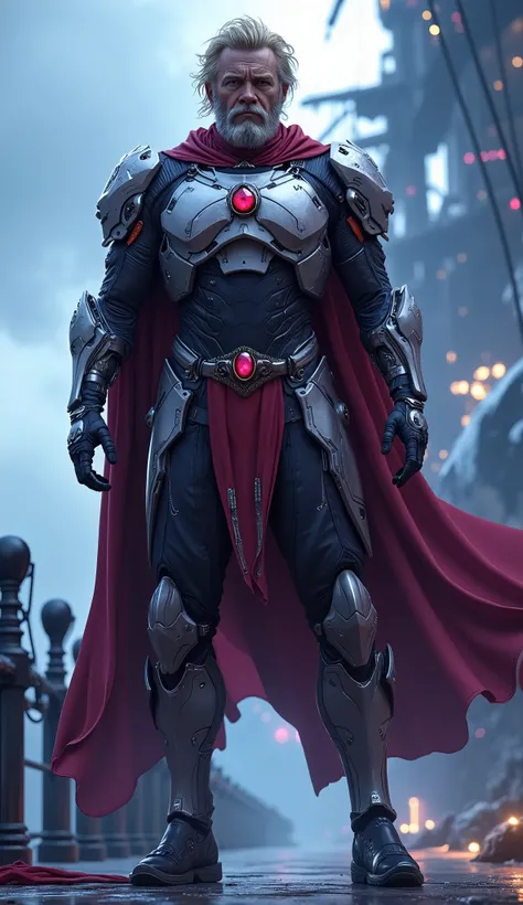 Masterpiece, high quality, concept art, exquisite and mature character illustration of a tall, muscular, handsome middle-aged man with thick, messy short golden hair, chiseled features, sharp eyes, and a cold, stern expression. He wears a form-fitting body...