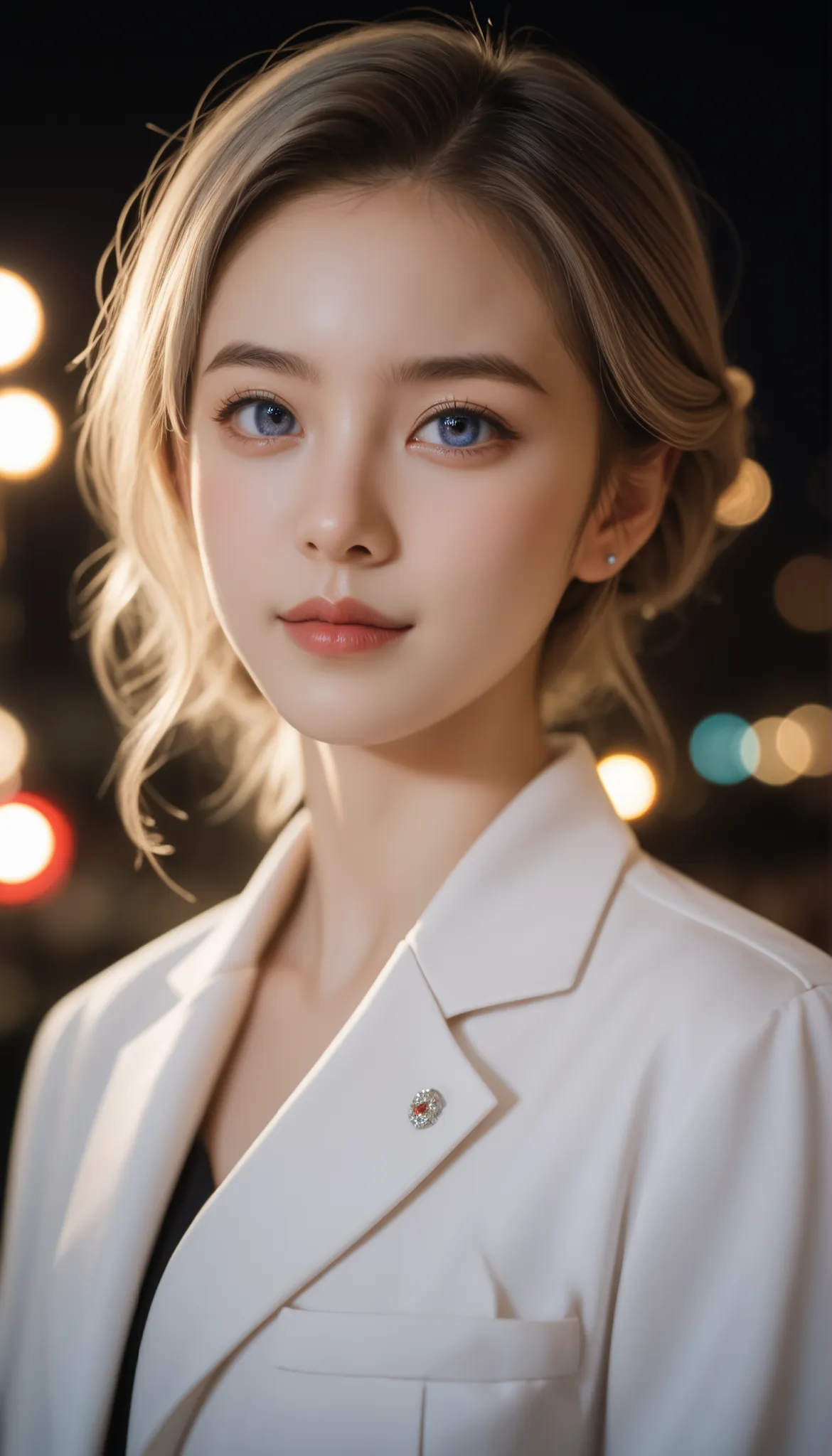 masterpiece, best quality, 8k, 15yo, teen, raw photo, absurdres, award winning portrait, solo, night, neon, idol face, violaceaess, gardeniass, delicate girl, upper body, DSLR, looking at viewer, candid, sophisticated, youthful, thin arms, professional lig...