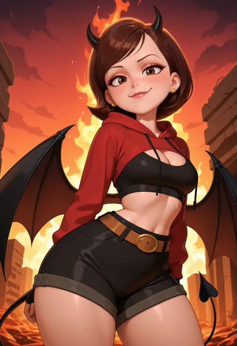 Helen Parr , mature female, medium hair, Bob_cut, brown hair, brown eyes, big eyes, long eyelashes, medium breasts, narrow waist, thick thighs, huge hips, gigantic ass, fair skin, thin hands, earrings, makeup, pink lips, lipstick.| solo, ruins, hell, cloud...