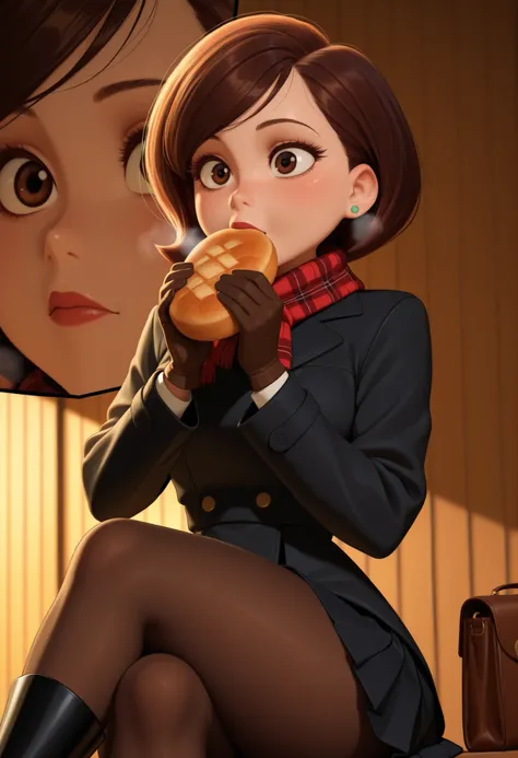 Helen Parr , mature female, medium hair, Bob_cut, brown hair, brown eyes, big eyes, long eyelashes, medium breasts, narrow waist, thick thighs, huge hips, gigantic ass, fair skin, thin hands, earrings, makeup, pink lips, lipstick.| highres,absurdres,very a...