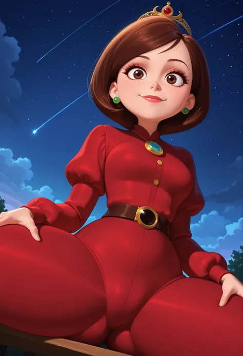Helen Parr , mature female, medium hair, Bob_cut, brown hair, brown eyes, big eyes, long eyelashes, medium breasts, narrow waist, thick thighs, huge hips, gigantic ass, fair skin, thin hands, earrings, makeup, pink lips, lipstick.| masterpiece, best qualit...