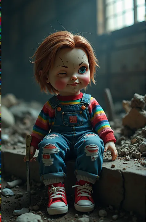 A boy doll abandoned in a garbage dump in a dilapidated Japanese factory town, holding a sharp knife in his right hand, sitting with his legs draped over the edge of the dump, with one eye closed, wearing an old rainbow long-sleeve sweatshirt and jeans overalls, red Adidas Superstar sneakers, chestnut hair, pale skin, surrounded by dust and spider webs, cracked celluloid face, lit by cold moonlight filtering in through a broken window, deep shadows, eerie and spooky atmosphere, perfection style, cinematic lighting, highly detailed, ultra-realistic, eerie and unsettling, dramatic contrast, Japanese texture, caution not advised