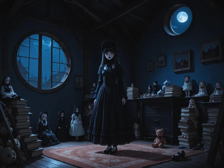 masterpiece, best quality, amazing quality, very aesthetic, absurdres, traditional media, oil painting (medium), impressionism, ((dark)), night time, dim lighting, cool lighting, blue theme, black theme, wide shot, indoors, dark room, attic, slanted roof, ...