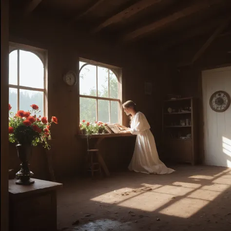 uzzlanggirl,Inside an old house , attic, Dust-Covered Spherical Articulated Doll, One beard man have long beard shaving. Degraded Over Time, Fresh White Flowers Are Attached to the Hand, Moonlight Shining Through a Window, Flowers Are Illuminated, masterpi...