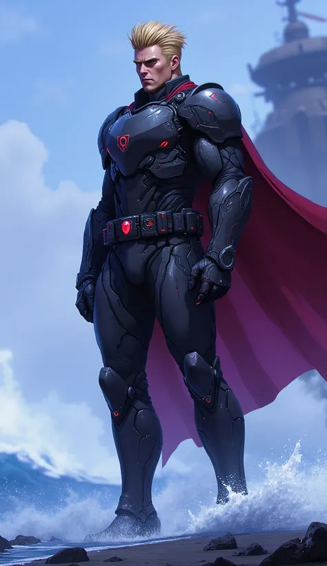 Masterpiece, high quality, concept art, exquisite and mature character illustration of a tall, muscular, handsome middle-aged man with thick, messy short golden hair, chiseled features, sharp eyes, and a cold, stern expression. He wears a form-fitting body...