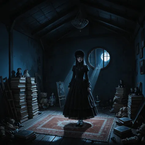 masterpiece, best quality, amazing quality, very aesthetic, absurdres, traditional media, oil painting (medium), impressionism, ((dark)), night time, dim lighting, cool lighting, blue theme, black theme, wide shot, indoors, dark room, attic, slanted roof, ...