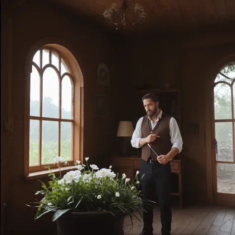 uzzlanggirl,Inside an old house , attic, Dust-Covered Spherical Articulated Doll, One beard man have long beard shaving. Degraded Over Time, Fresh White Flowers Are Attached to the Hand, Moonlight Shining Through a Window, Flowers Are Illuminated, masterpi...