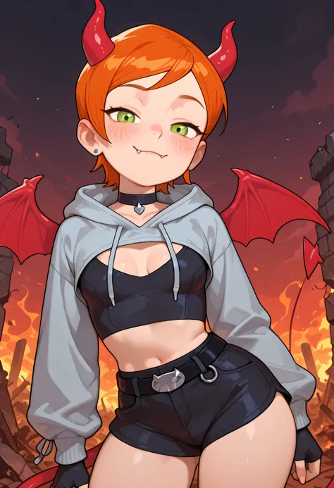Gwen Tennyson . ginger . short hair . green eyes . small breasts, huge hips. slim body . choker . | solo, ruins, hell, cloud, sky, dark sky, fiery sky, fire, cowboy shot, horns, demon tail, tail, demon wings, wings, hoodie, cropped hoodie, long sleeves, sh...
