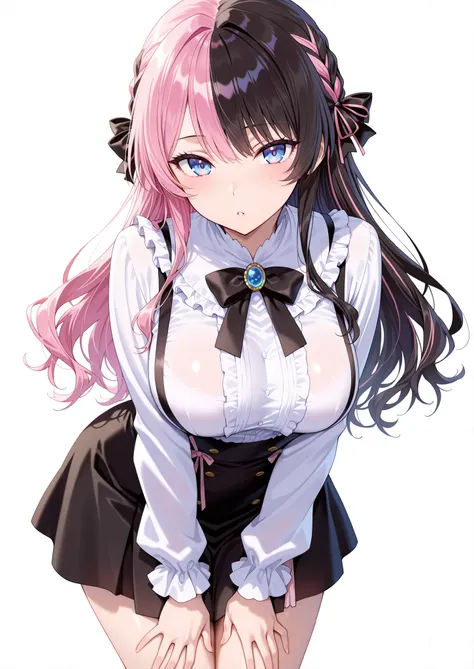 solo,masterpiece,best quality, amazing quality, highres, absurdres, very aesthetic, high resolution, ultra detailed, perfect details,Hinan0Def, blue eyes, (multicolored hair), pink hair, black hair, long hair, french braid, hair bow, black bowtie, brooch, ...