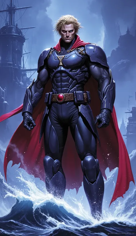Masterpiece, high quality, concept art, exquisite and mature character illustration of a tall, muscular, handsome middle-aged man with thick, messy short golden hair, chiseled features, sharp eyes, and a cold, stern expression. He wears a form-fitting body...