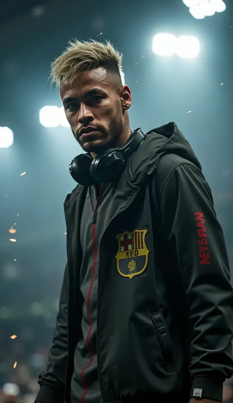 Neymar Jr. With a mega-realistic black smokink and a gamer headset around your neck Scenario: Action Movie Stage with Broken Spotlights. ⚔️ Epic Detail: A Fatality Autograph