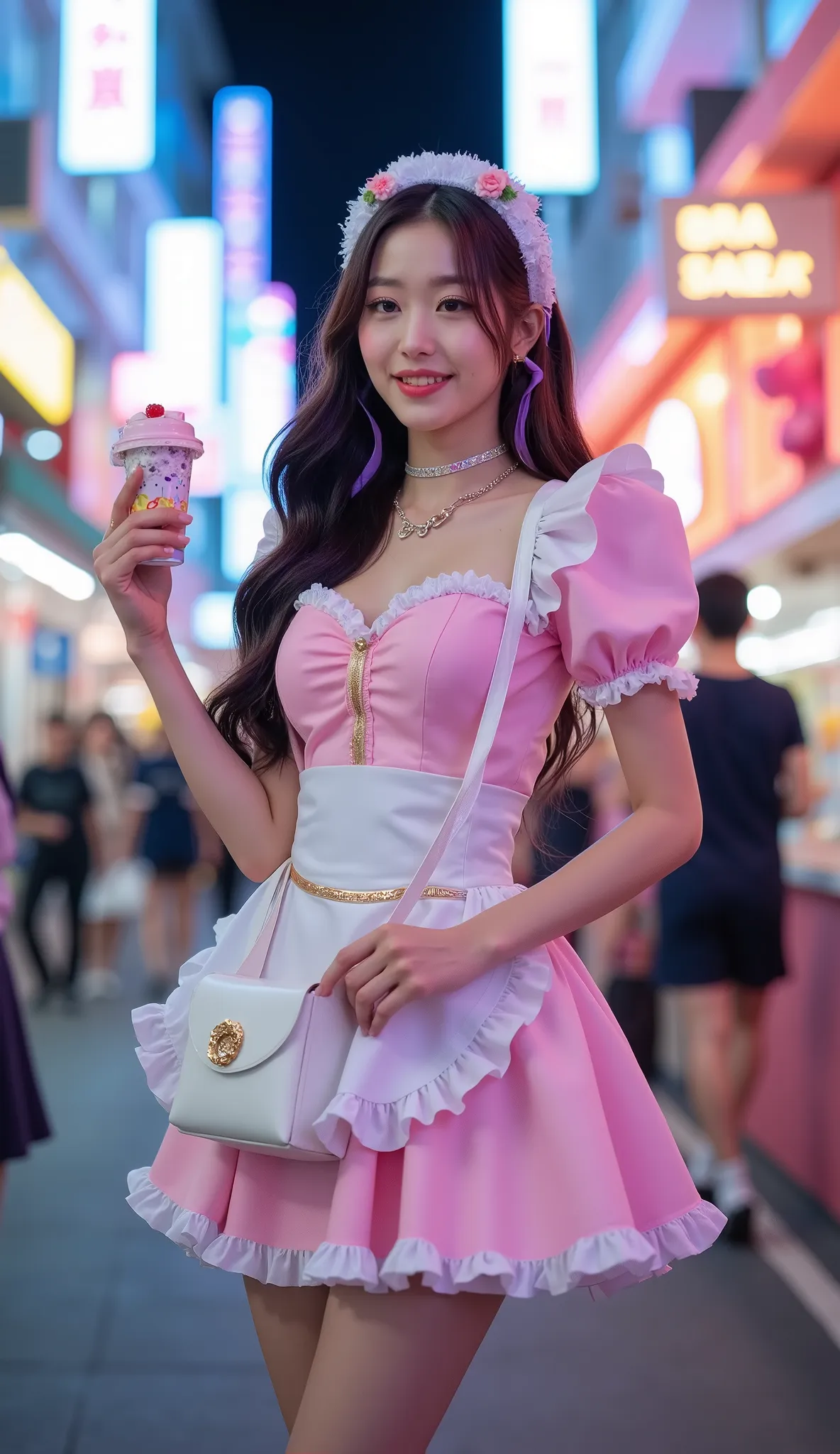 Create a stunning portrait of a beautiful young korean idol wearing harajuku style maid uniform with various cute and adorable accessories. She is posing serving sample drinks on a tray or sitting on a bench for photoshoot or waving to attract visitors in ...