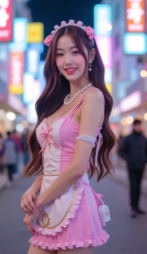 Create a stunning portrait of a beautiful young korean idol wearing harajuku style maid uniform with various cute and adorable accessories. She is posing serving sample drinks on a tray or sitting on a bench for photoshoot or waving to attract visitors in ...