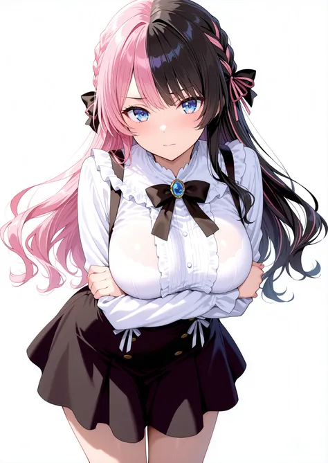 solo,masterpiece,best quality, amazing quality, highres, absurdres, very aesthetic, high resolution, ultra detailed, perfect details,Hinan0Def, blue eyes, (multicolored hair), pink hair, black hair, long hair, french braid, hair bow, black bowtie, brooch, ...