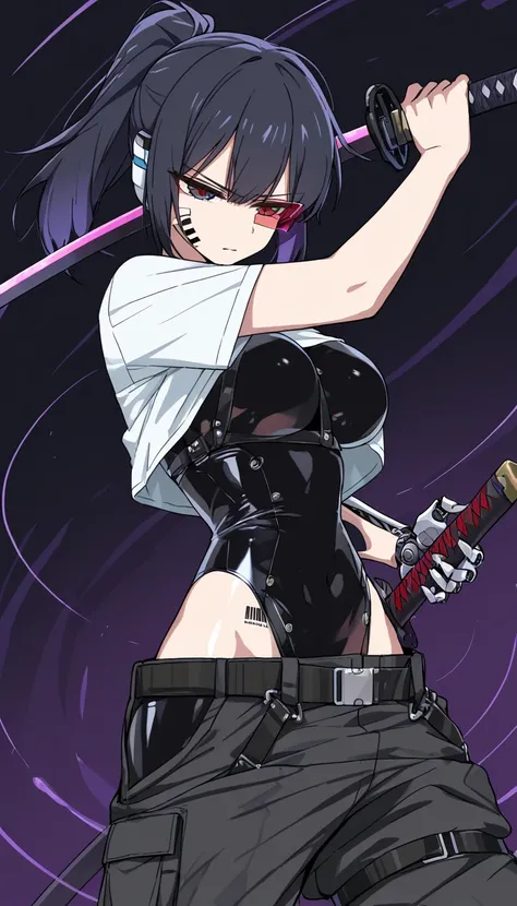(beautiful girl : 1.3),1 girl,(black shiny leotard,mechanical leotards,black cargo pants,white t-shirt,Crop Top Shirt,scouter,belt,Harness,Carrying a Japanese sword,Mechanical Limbs),dark haired,ponytail,serious expression,barcode tattoo on cheek,Japanese sword ripples,simple color background,Dynamic Angle,masterpiece,top quality,Rich Contrasts,High Definition,8k,High-Definition CG Unit Wallpaper,Textures,Unbelievably Absurd,RAW pictures,Deep Border 1 .2,very detailed
