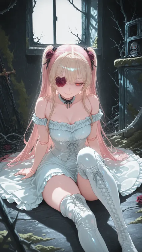 kirakishou (rozen maiden) a girl with long, wavy peach blonde and flowers in her hair, wears a white ornately ruffled dress. On her head are two small roses tied to her hair, and she wears tall white boots.the girl, who appears to be in her early twenties,...