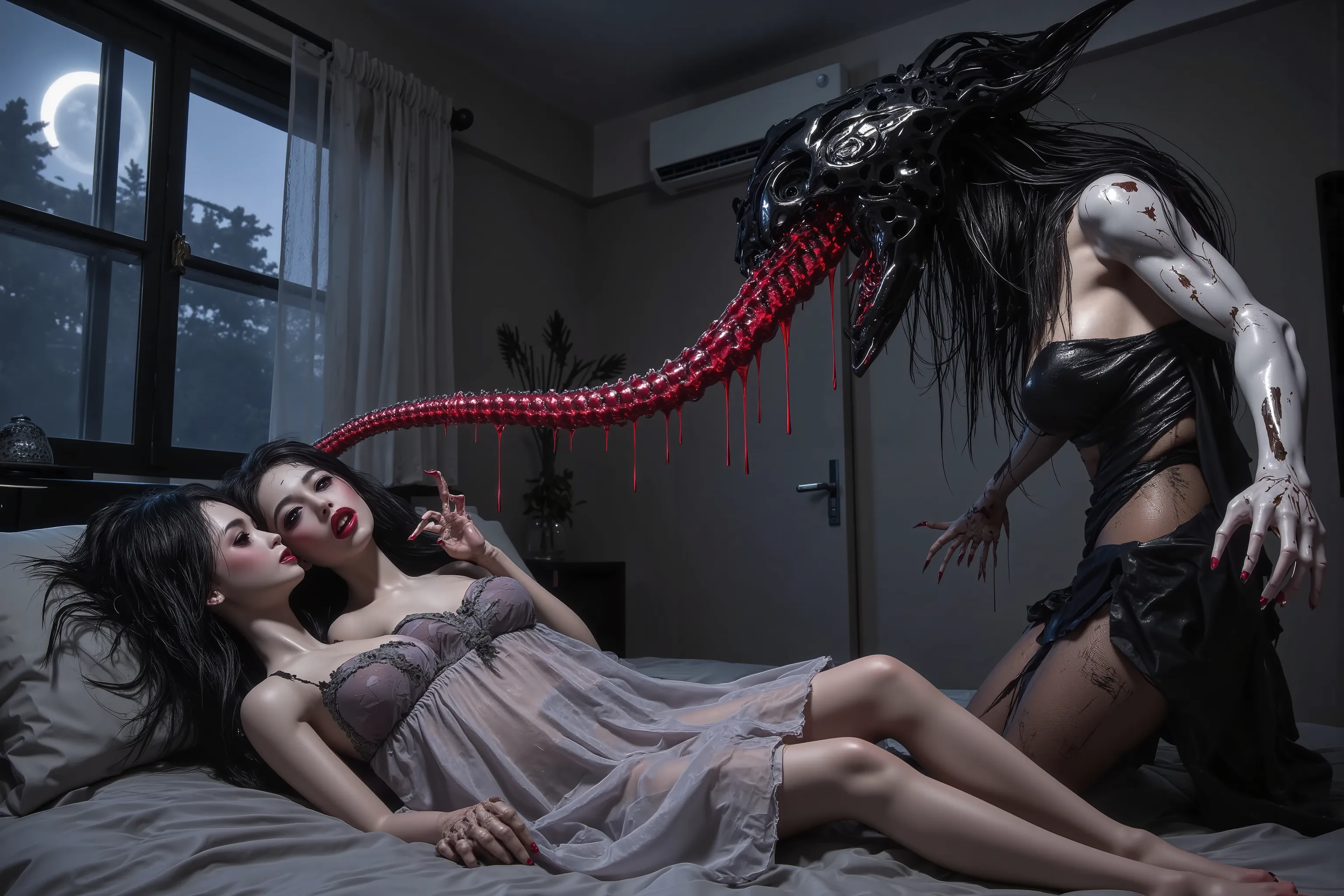 (creepy Doll}Horror) Nice Asian apartment, lights are off, couple of women spooning in bed in sheer night gowns, window curtains open letting moonlight in. Subject 2: CREEPY DOLL! (cut, cracked and damaged porcelain skin, sexy two piece outfit, crazy dark ...