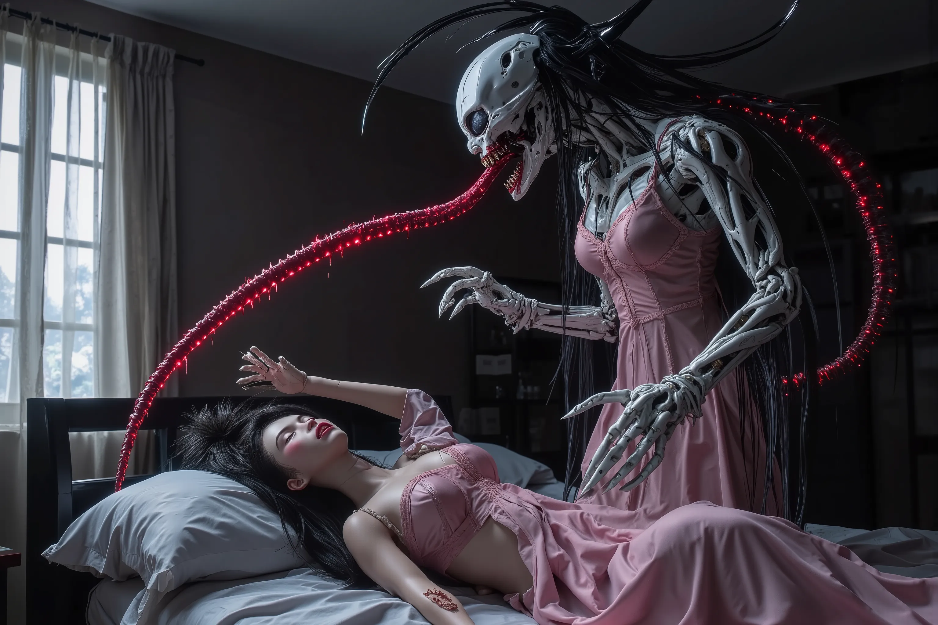 (creepy Doll}Horror) Nice Asian apartment, lights are off, couple of women spooning in bed in sheer night gowns, window curtains open letting moonlight in. Subject 2: CREEPY DOLL! (cut, cracked and damaged porcelain skin, sexy two piece outfit, crazy dark ...