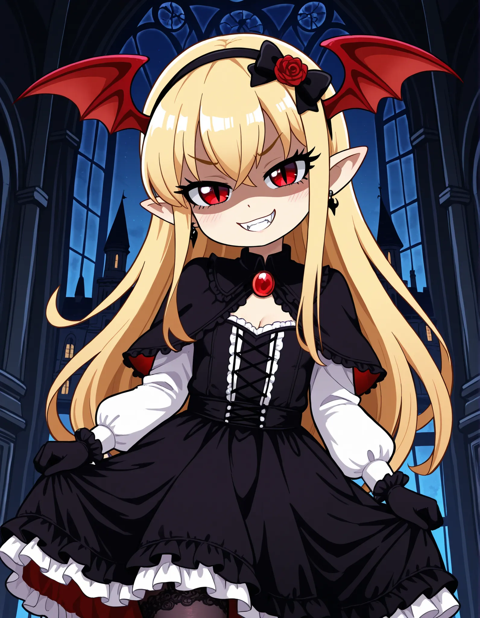 gaturo style, g4tur0,, VaniVampy, vampy, vampire girl, 1girl, solo, very long blonde hair, bangs, red eyes, head wings, pointy ears, fangs, slit pupils, black dress, gothic, long sleeves, frills, frilled dress, puffy long sleeves, hairband, hair bow, black...