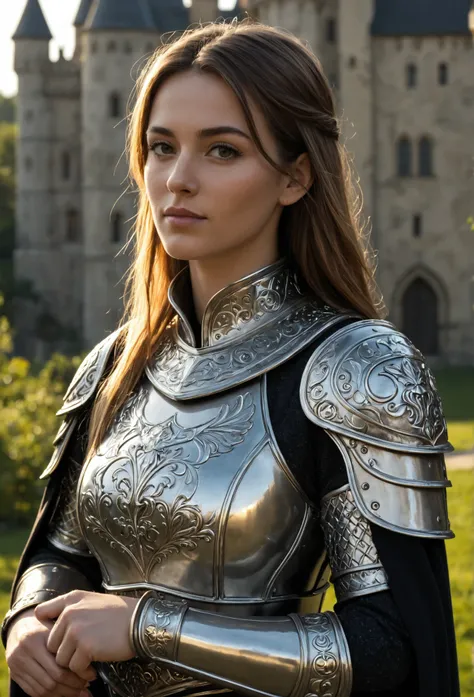 masterpiece, high quality, ultra-detailed, portrait of beautiful girl, medieval plate armor, intricate metal reflections, detailed engravings, upper body shot, ornate chest crest, intense sunlight gleaming on metal, distant castle on hilltop, professional ...