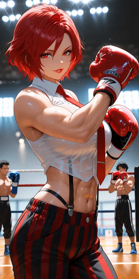 masterpiece, best quality, amazing quality, VanessaKOF, red hair, short hair,toned,sleeveless shirt, red necktie, boxing gloves, striped pants, navel, suspenders, gym, flowing hair, seductive smile, punching, parted lips, red lips, looking at viewer, sweat...