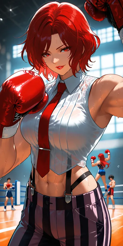 masterpiece, best quality, amazing quality, VanessaKOF, red hair, short hair,toned,sleeveless shirt, red necktie, boxing gloves, striped pants, navel, suspenders, gym, flowing hair, seductive smile, punching, parted lips, red lips, looking at viewer, sweat...