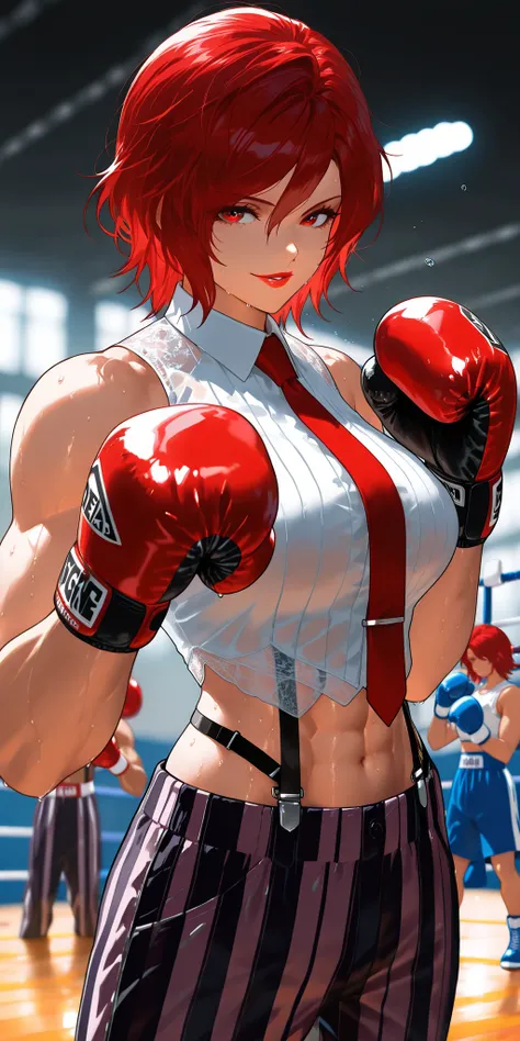 masterpiece, best quality, amazing quality, VanessaKOF, red hair, short hair,toned,sleeveless shirt, red necktie, boxing gloves, striped pants, navel, suspenders, gym, flowing hair, seductive smile, punching, parted lips, red lips, looking at viewer, sweat...