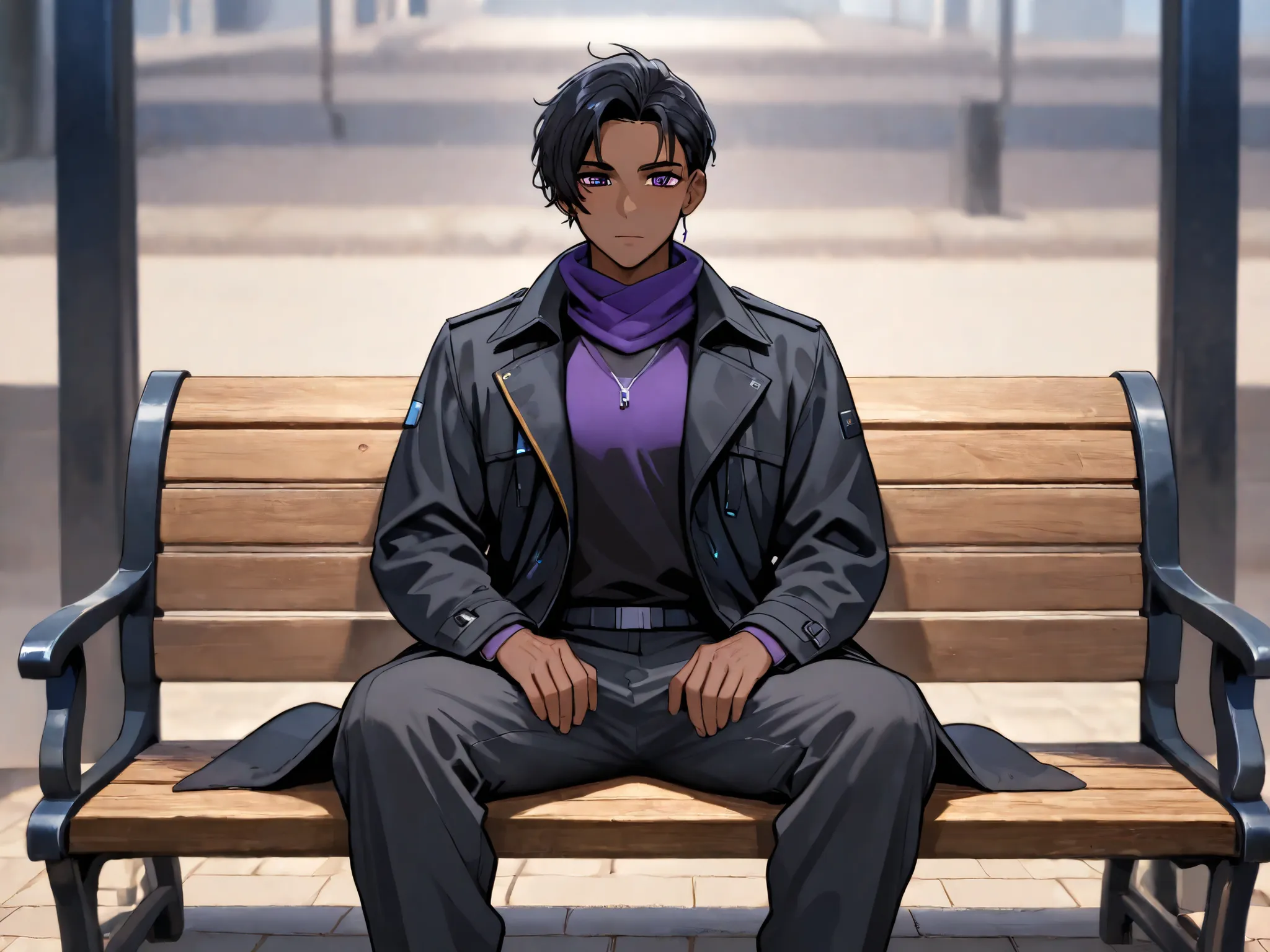 A dark-skinned boy with purple eyes black hair, Wearing a black coat and cargo pants, He is sitting on a wooden bench in a futuristic setting with sapphire trees all around.