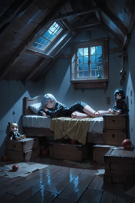 Attic,Abandoned doll,Human-like dolls,[Human joints are sphere joints],[Ball joints],A dusty attic,very Small window,The moonlight is coming from the small window,Attic at night,Beautiful eyes,My eyes are shining thinly,8k resolution, super resolution,Wide...