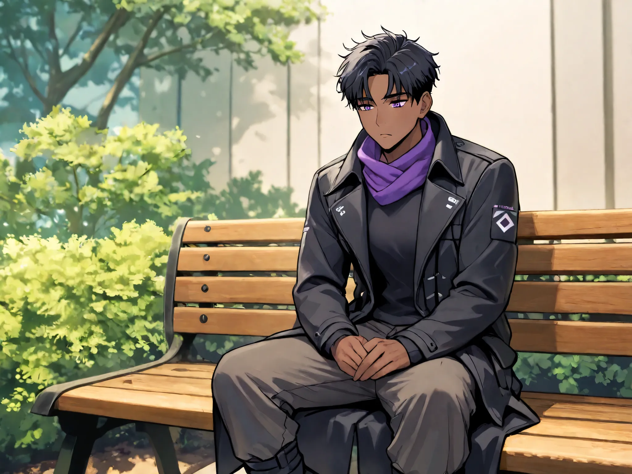 A dark-skinned boy with purple eyes black hair, Wearing a black coat and cargo pants, He is sitting on a wooden bench thinking, in a futuristic setting with sakura trees all around.