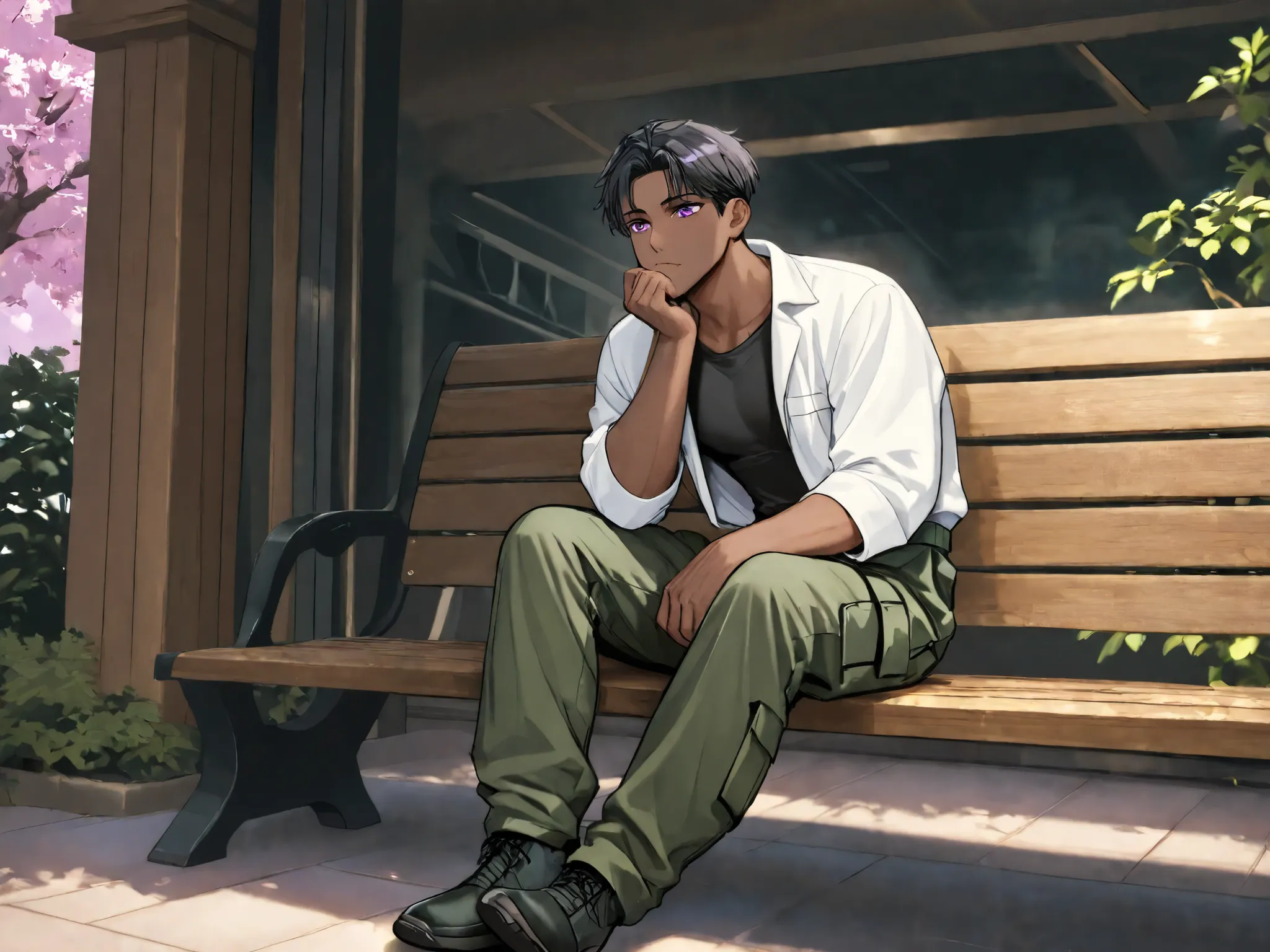 A dark-skinned boy with purple eyes black hair, Wearing a white sleeve shirt and dark green cargo pants with a black high-top trail shoe, He is sitting on a wooden bench thinking, in a futuristic setting with sakura trees all around.