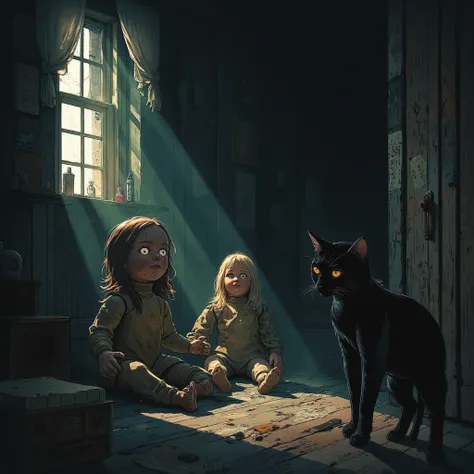 black cat besides abandoned doll open the eyes in the dark attic