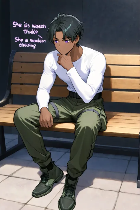 A dark-skinned boy with purple eyes black hair, Wearing a white sleeve shirt and dark green cargo pants with a black high-top trail shoe, He is sitting on a wooden bench thinking, in a futuristic setting with sakura trees all around.