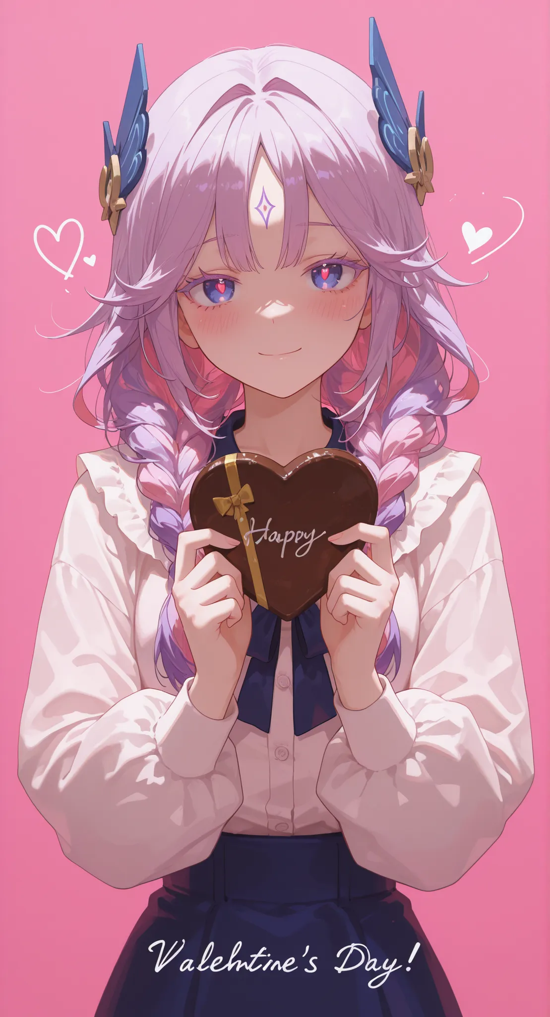masterpiece,best quality,amazing quality,very aesthetic,absurdres,newest, (1girl:1.4), solo girl, female focus, CitlaliGI, Citlali\(genshin impact\), casual clothing, valentines day, holding chocolate, heart-shaped chocolate, text"happy valentine's day", l...