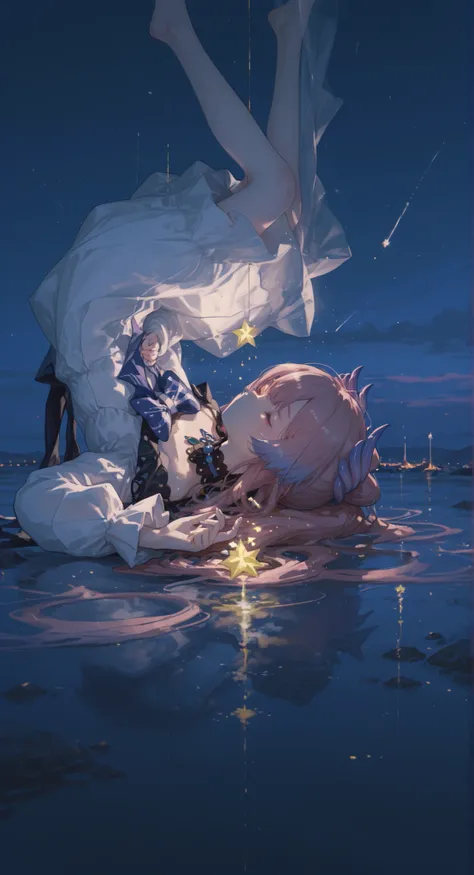 solo, sangonomiya_kokomi, upper body, fisheye, upside-down, floating, falling, on side, very awa, amazing quality, best quality, high quality, absurdres, high resolution BREAK closed eyes, \:(, white dress, long sleeves BREAK sunset, clouds, stars, (fkey, ...