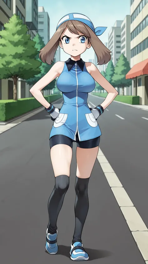 adult older sister, Tall, big boobs, left hand on hips, black knee-high stockings, Absolute region, thighs, Blue shoes, ((top quality)), ((masterpiece)), ((details)), ((anime screenshot, anime cong, )) SapphireBirchILXL, solo, 1girl, two legs, two arms, an...