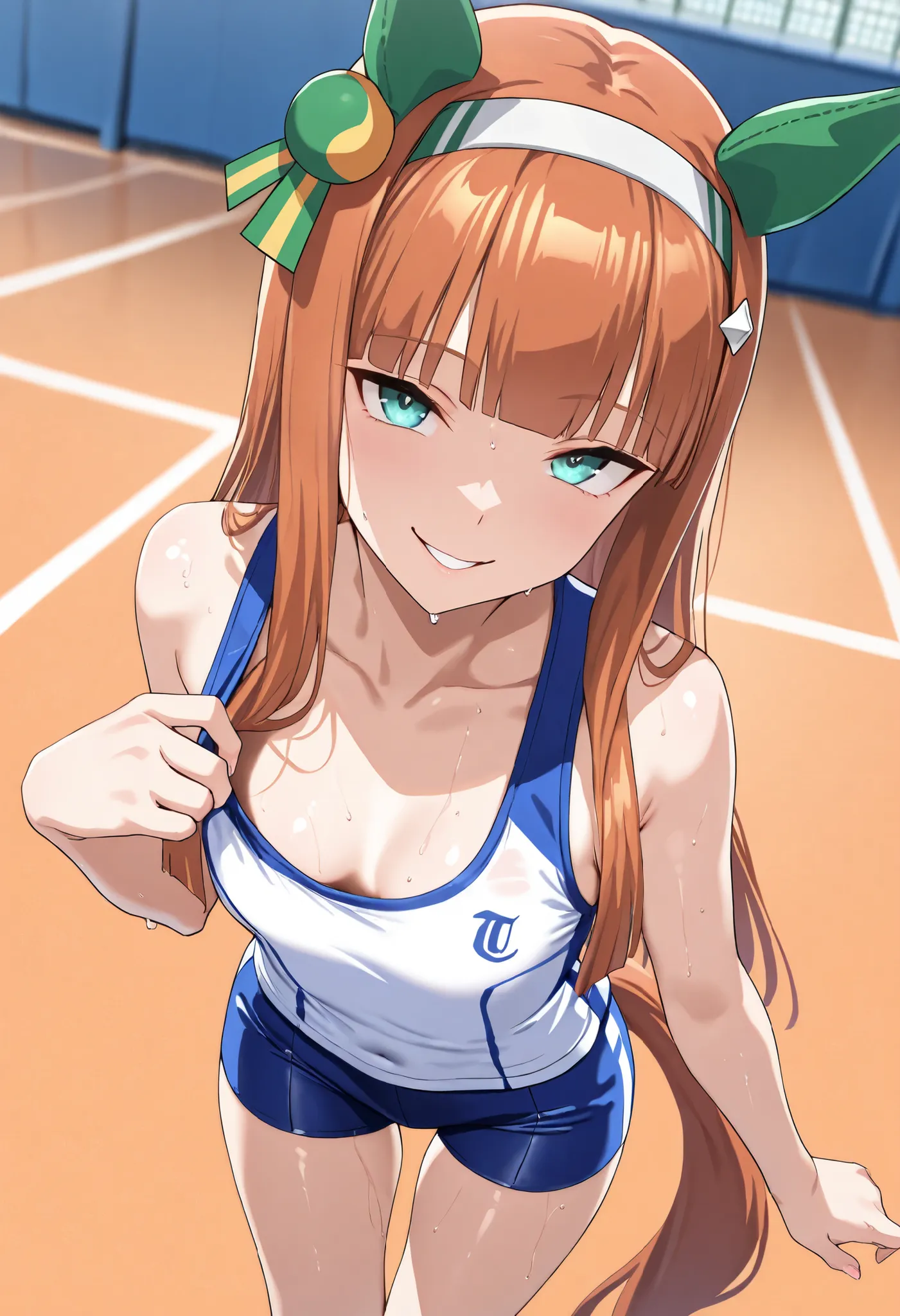 (masterpiece, best quality, perfect face:1.4), wide angle, silence suzuka \(umamusume\), horse ears, ear cover, white headband, small breasts, horse tail, tail on the lower back, proportional body, proportional,1 girl, beautiful hair, beautiful face, beaut...