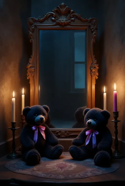 masterpiece high resolution excellent quality , a room with a mirror with a cedar wood frame in the middle, two black teddy bears with purple ribbon next to the mirror, a blue candle and a pink candle, the room is only illuminated by candle light , gives a...