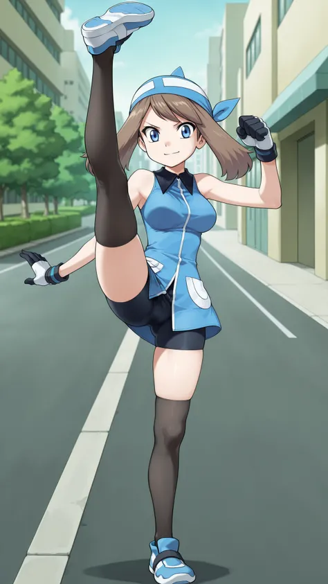 adult older sister, Tall, big boobs, high kick, Kick the viewer, black knee-high stockings, Absolute region, thighs, Beautiful legs, Beautiful legs, Blue shoes, ((anime screenshot, anime cong, )) SapphireBirchILXL, ((top quality)), ((masterpiece)), ((detai...