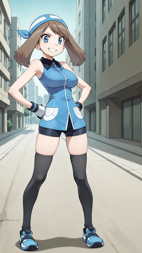 adult older sister, Tall, big boobs, left hand on hips, black knee-high stockings, Absolute region, thighs, Blue shoes, ((top quality)), ((masterpiece)), ((details)), ((anime screenshot, anime cong, )) SapphireBirchILXL, solo, 1girl, two legs, two arms, an...