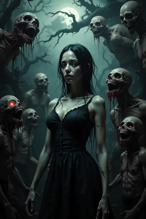 Ultra-realistic, photo-realistic, ultra-detailed, physically-based rendering, spooky atmosphere, surreal elements, macabre composition, nightmarish.   A woman and her aborted babies are stuck in Hades. 