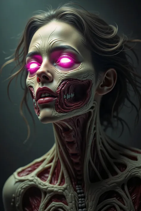 The image presents a dark, atmospheric scene focused on a human-like figure. This figure is notable for an upper torso and neck area that exhibits a surreal, almost biomechanical structure. The skin appears to be absent in some areas, revealing intricate n...