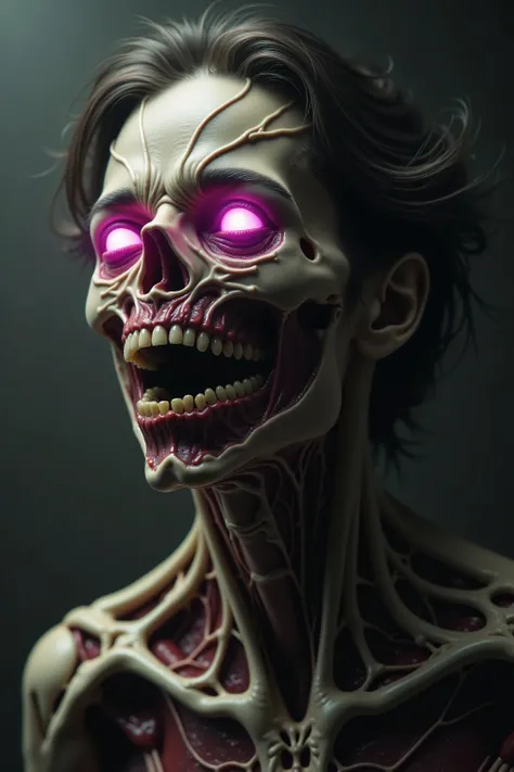 The image presents a dark, atmospheric scene focused on a human-like figure. This figure is notable for an upper torso and neck area that exhibits a surreal, almost biomechanical structure. The skin appears to be absent in some areas, revealing intricate n...