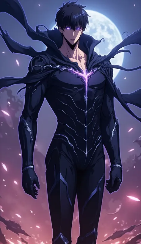 Here’s a highly detailed and visually striking prompt for **Solo Leveling’s Jin Woo (Sung Jin-Woo)** with a focus on his appearance, attire, and deadly aura:  

**Prompt:**  
*"Sung Jin-Woo from Solo Leveling, standing in a dynamic pose with an overwhelmin...