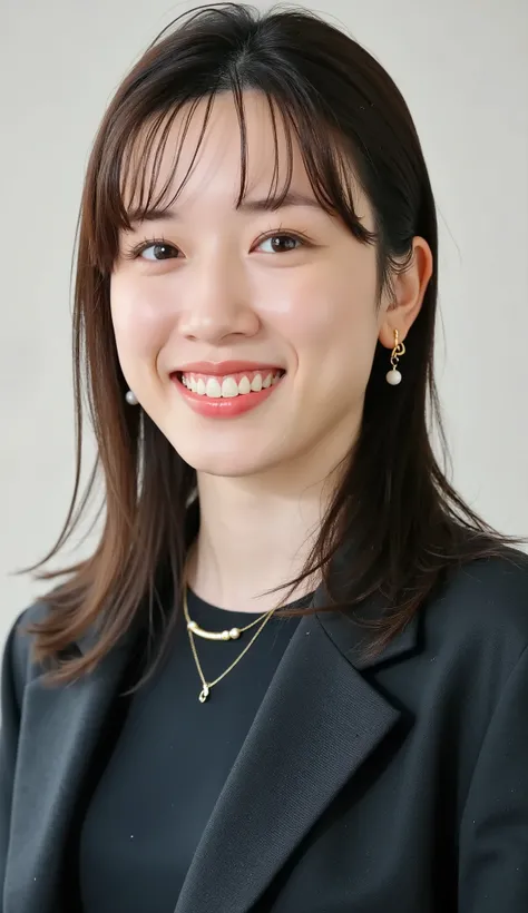 Neat Young Woman、and look at the camera、office lady suit、jacket、shirt、necklace、ear piercing、薄い茶髪、、、smile showing teeth、、background is office
